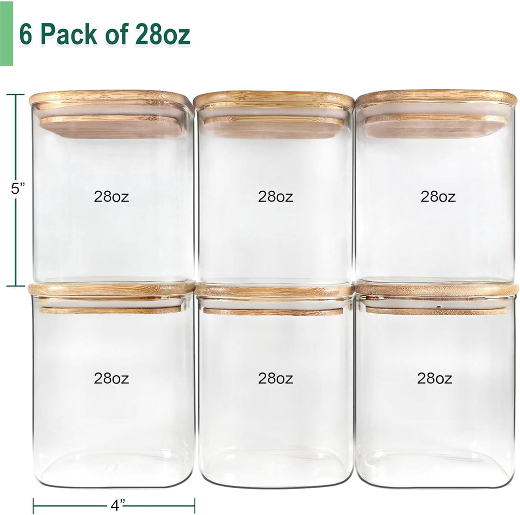 Urban Green Glass Jars with Bamboo Lids, Square Glass Jar with airtight lids, 6 pack of 28oz, Food Storage Containers with bamboo lids, Panty Jars