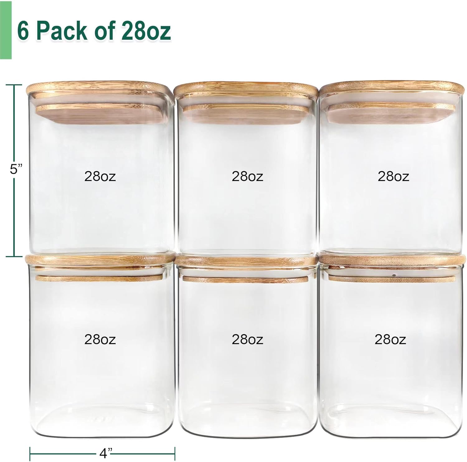 Urban Green Glass Jars with Bamboo Lids, Square Glass Jar with airtight lids, 6 pack of 28oz, Food Storage Containers with bamboo lids, Panty Jars