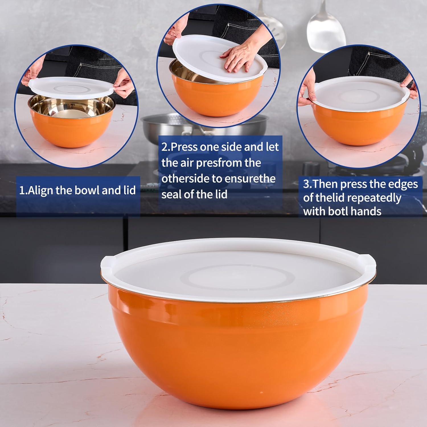Orange Mixing Bowls With Airtight Lids,Stainless Steel Bowl,Salad Bowls 7 Piece Colorful Nesting Bowl Orange Kitchen Accessories,Size 7,3.6,2.7,2.1,1.5,1.1,0.8QT Stackable Design