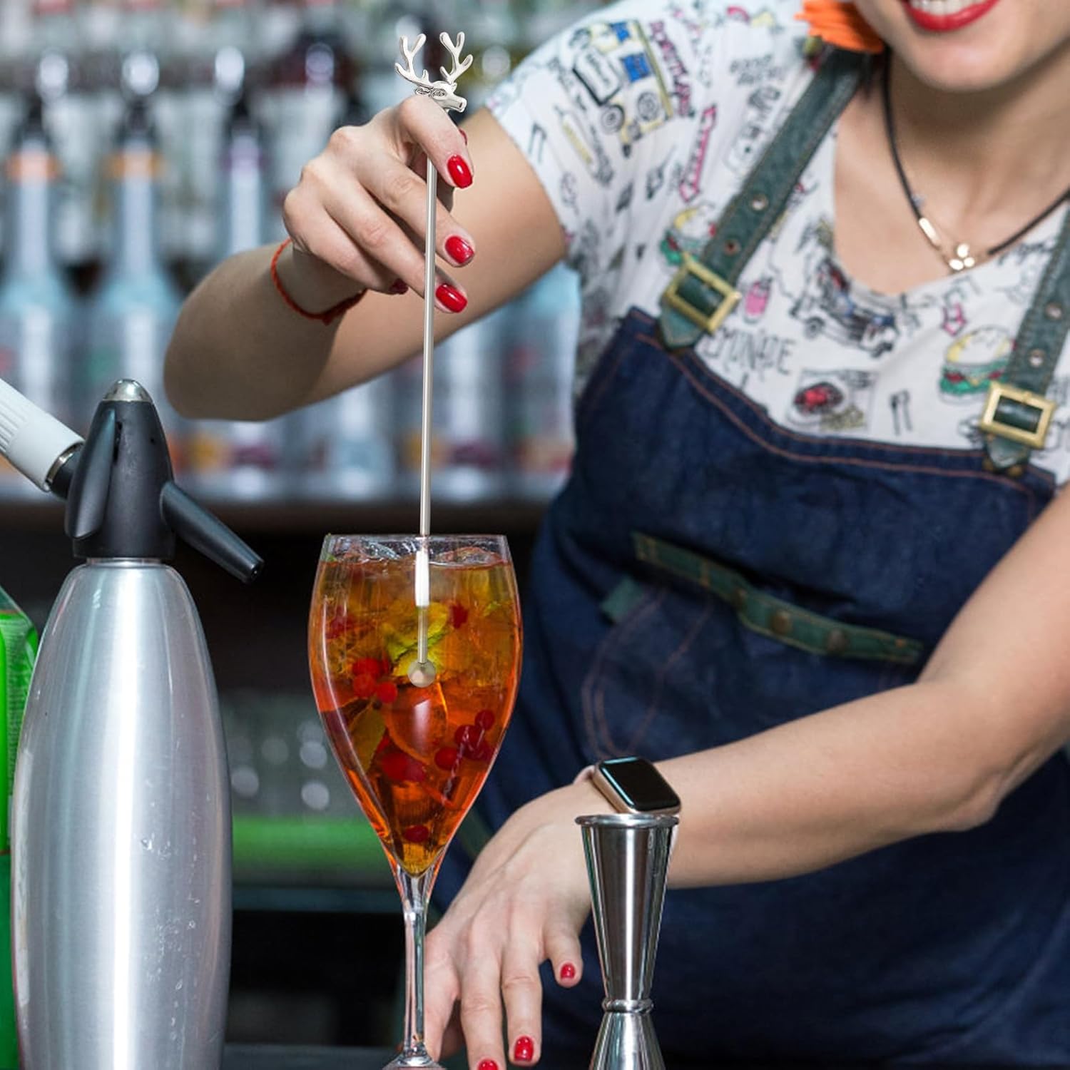 Swizzle Sticks,5 Pcs Stainless Steel Reusable Deer Head Shape Cocktail Stirrer Coffee Beverage Stir Sticks for Cocktail, Whiskey, Hot Cocoa, Creamer (Silver)