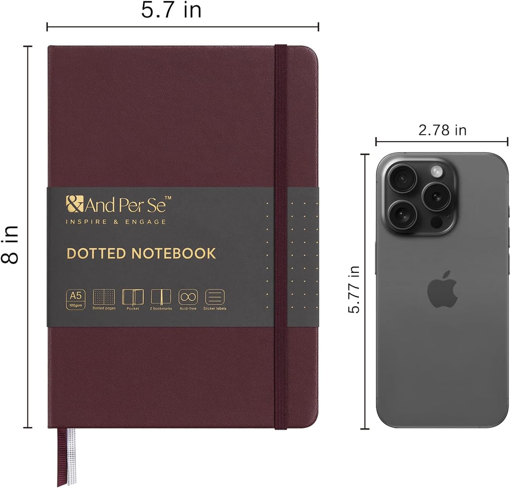 &And Per Se Dotted Journal Notebook, A5 Hardcover Leather Bullet Dotted Journal, 160 Pages 100 gsm Thick Paper，3 Sheets of Stickers Included - 5.7'' x 8''（Dark Red）