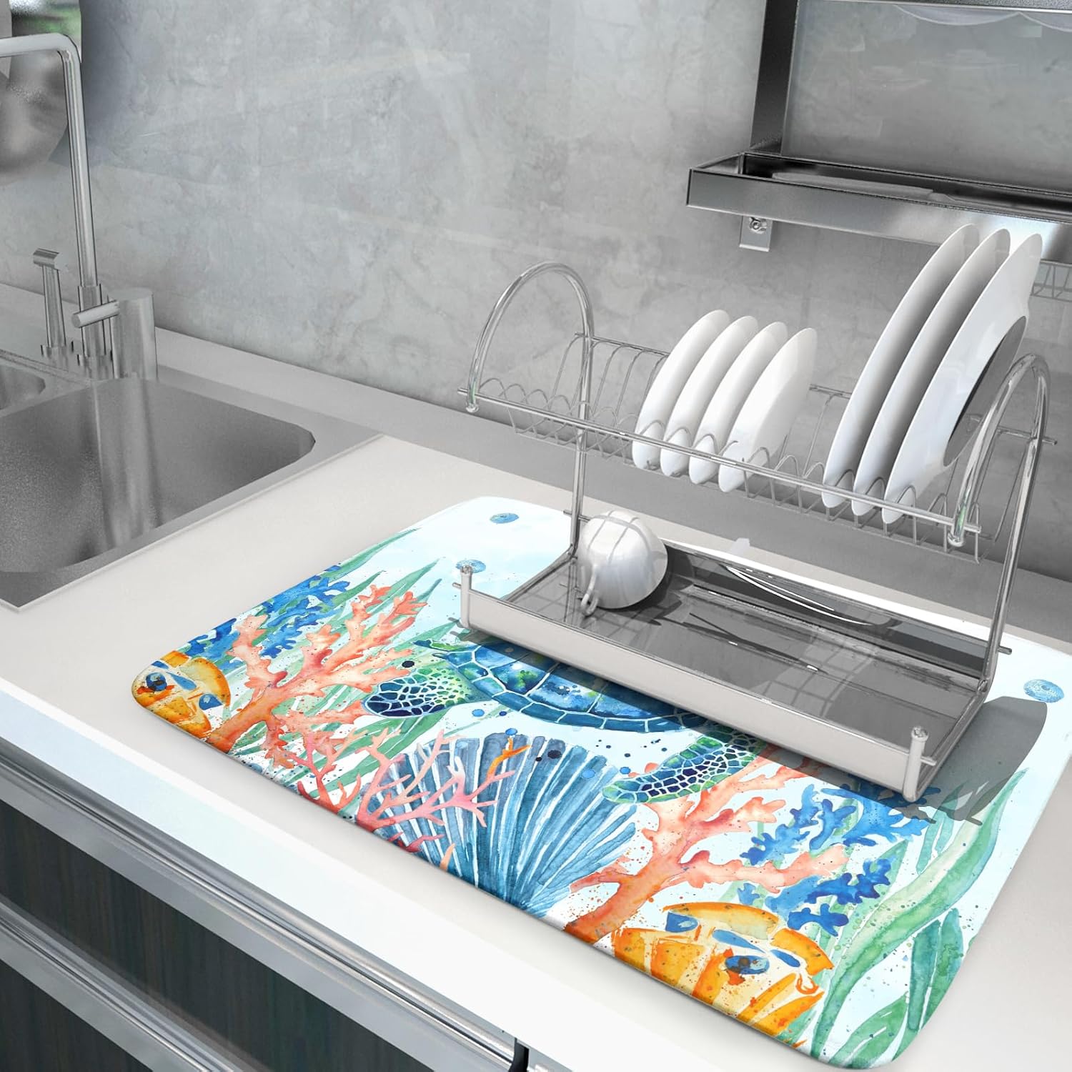 Giwawa Sea Turtle Dish Drying Mat 18x24in Watercolor Blue Tortoise Dish Drainer Mats Nautical Ocean Coral Seashell Seaweed Microfiber Dish Drying Pad for Kitchen Countertop Large Decor