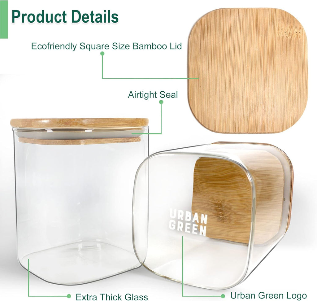 Urban Green Glass Jars with Bamboo Lids, Square Glass Jar with airtight lids, 6 pack of 28oz, Food Storage Containers with bamboo lids, Panty Jars