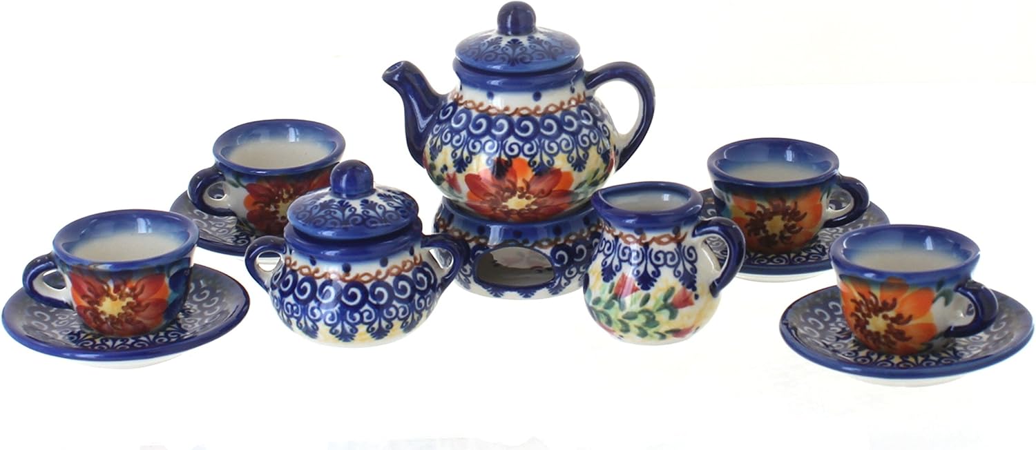 Blue Rose Polish Pottery - Orange Autumn Burst Miniature Tea Set - 1 Set - Polish Pottery Collectible Tea Set with Teapot & Cups, Decorative Gift