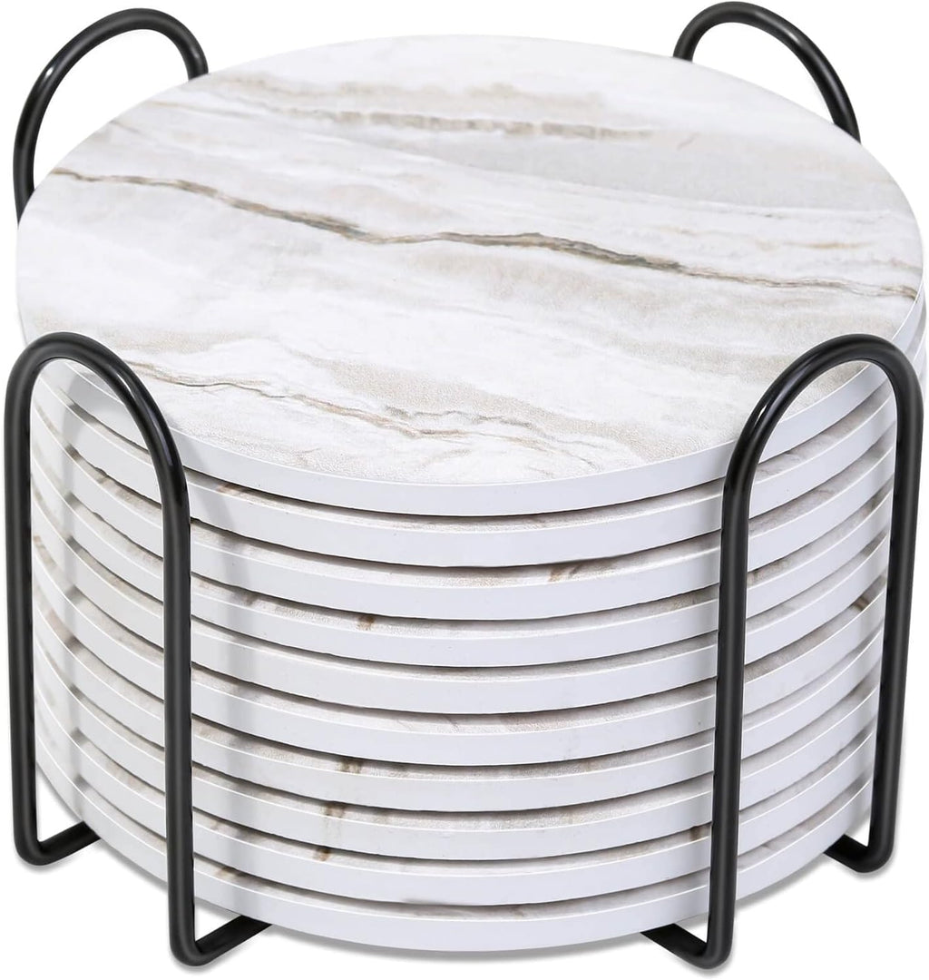 Caffox Coasters Set of 10, Absorbent Drink Coasters with Holder, Marble Style Ceramic Coaster for Wooden Table, Home Decor, 4 Inches(Griege)