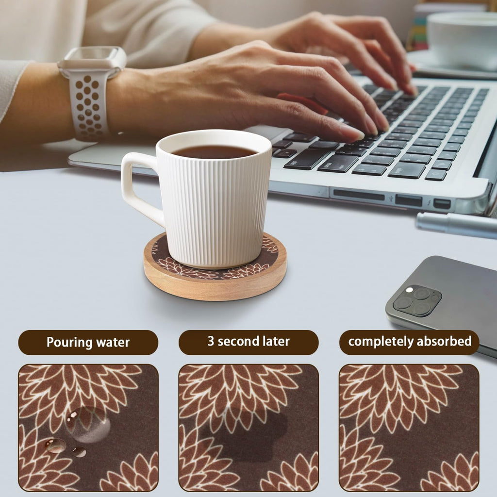 Wood Coasters Set of 6 with Holder, Cewiru Cup Mat for Drinks, Absorbent Coasters with Felt Insert for Coffee Table Protection, Modern Style Home Dining Table Decor, 4.3" Brown