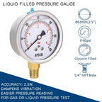 0-60 Psi Glycerin Liquid Filled Low Pressure Gauge, 2.5" Dial Size, 1/4" NPT Lower Mount, 304 Stainless Steel Case, for Water Oil Air Pressure Test, Refrigeration Systems(Such as Evaporators)