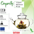 Simax Glassware 33 Ounce Glass Teapot | With Spout, Microwave and Stovetop Safe, Heat, Cold, and Thermal Shock Resistant Borosilicate Glass, Makes a Stunning Presentation…