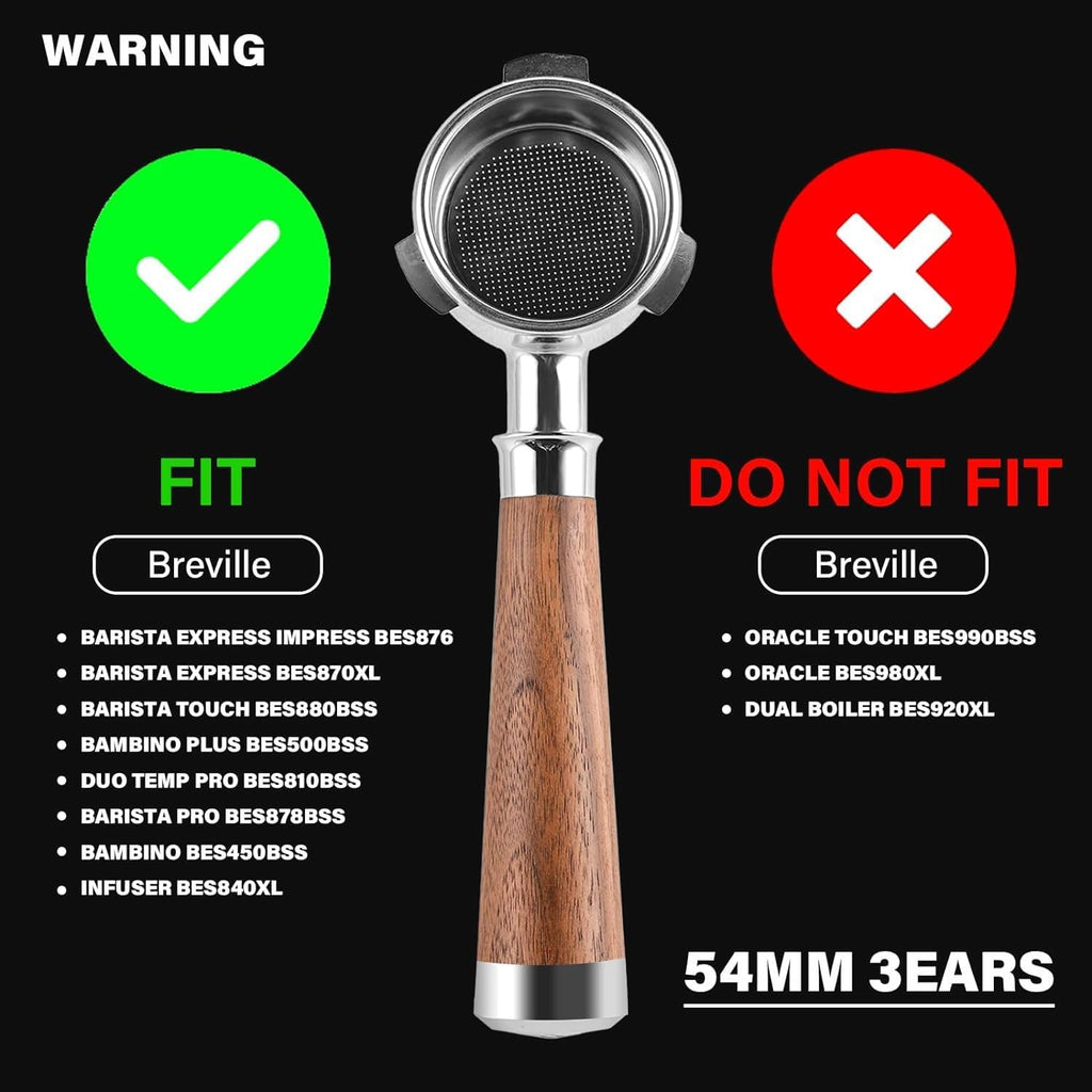 Espresso Portafilter | 54mm Bottomless portafilter with 3 Ear | Suitable for 54mm Breville/Sage Barista Espresso Machine | with Walnut Handle and Stainless Steel Single Wall Basket