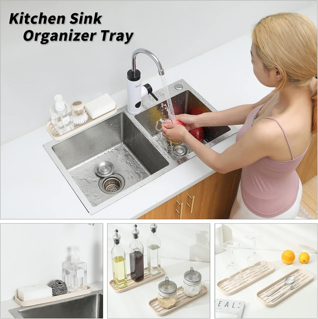 Silicone Kitchen Sink Organizer Tray for Multiple Usage,Eco-Friendly Sponges Holder for Kitchen Bathroom Counter or Sink,Dish Soap Dispenser,Scrubber,Bottle,Cup (Tapioca, 12"×4")