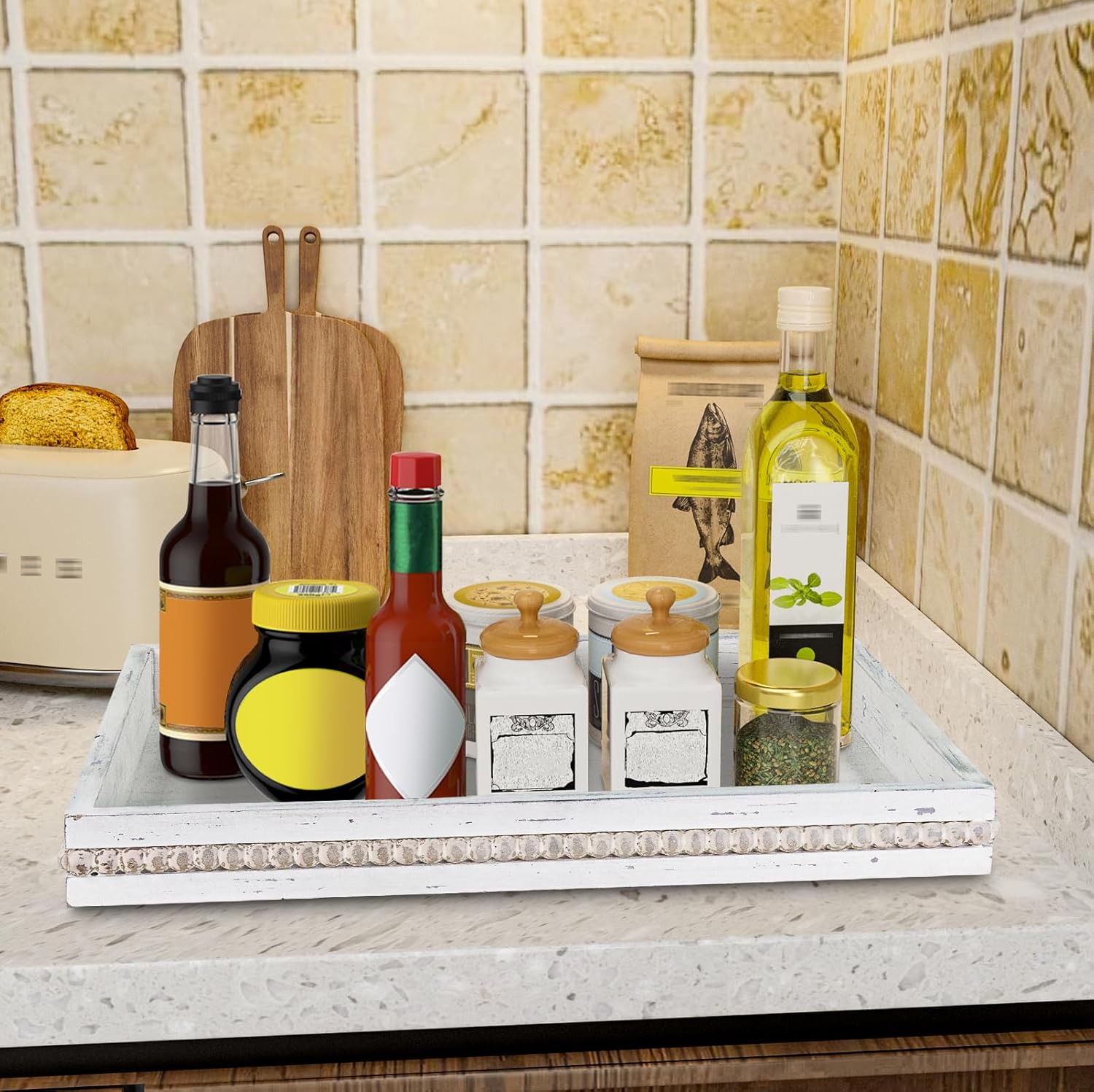 MAONAME Wood Serving Tray, Farmhouse Wooden Tray for Coffee Table, Rustic Rectangle Trays with Beads, Vintage White Decorative Trays for Living Room, Kitchen, 15.7" X 11.8" X 1.57"