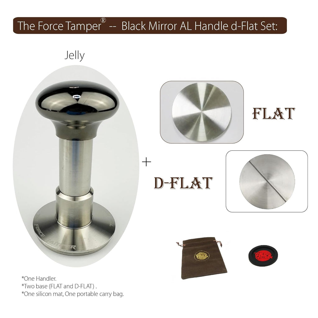 The Force Tamper Automatic Impact Adjustable Constant Pressure and Autoleveling Coffee Tamper Black Mirror Jellyfish AL Handle Set Pro (Flat-Distribute Set, 53.50mm)