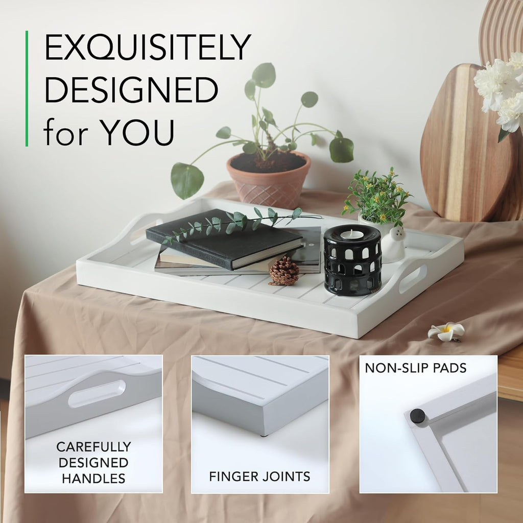 Large Wooden Serving Tray with Handles 20 x 14 inch Decorative Coffee Table Ottoman Tray for Living Room Extra Large for Kitchen Dinner Food Bar Breakfast in Bed (Color White)