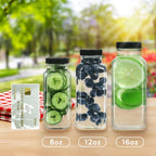 STARSIDE 16 oz Glass Juice Bottles with Lids 3 Pack - Square Reusable Drinking Jars for Juicing, Milk, Kombucha - Includes 1 Bottle Brush, 6 Colored Labels