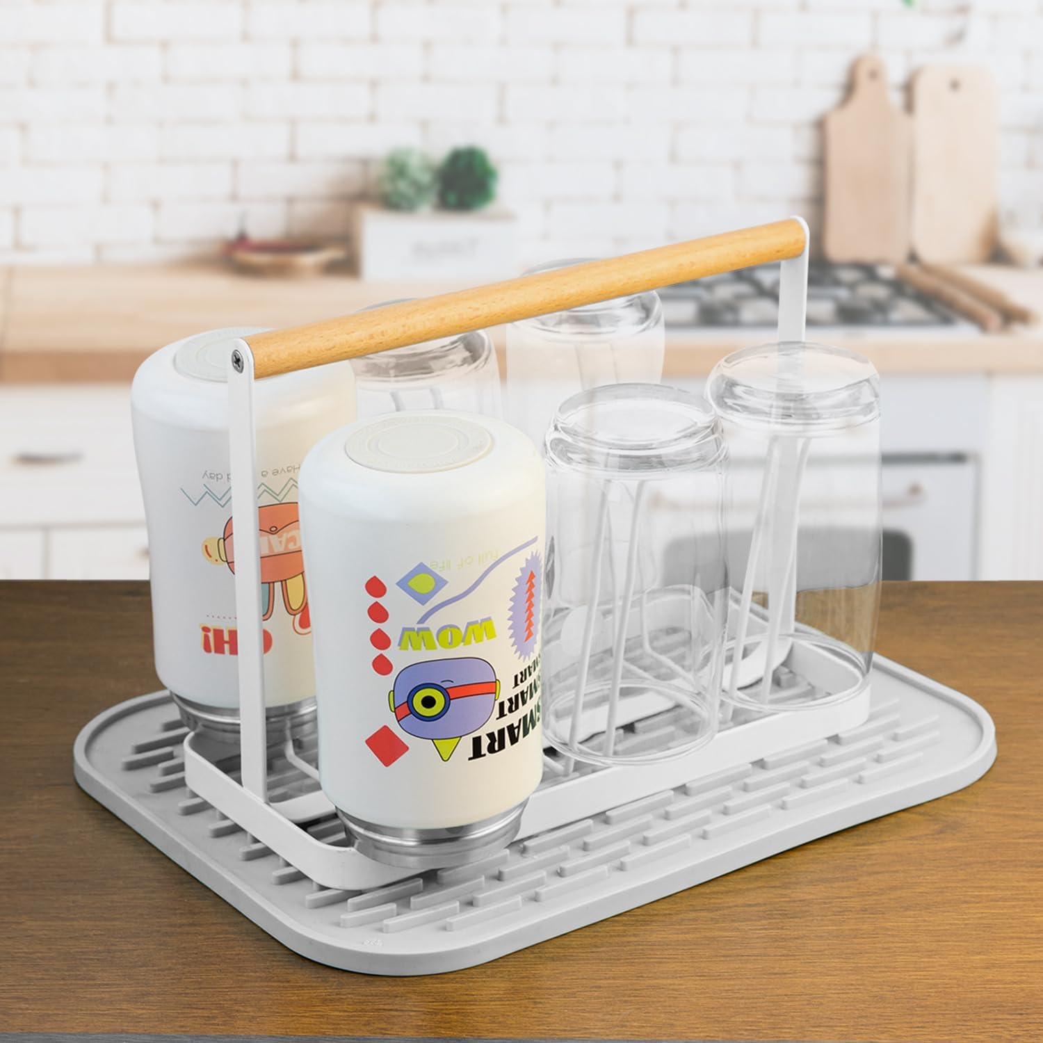 Cup Drying Rack Stand, 6 Cup Metal Drainer Holder Rack Non-Slip Mugs Cups Organizer with Wood Handle, White