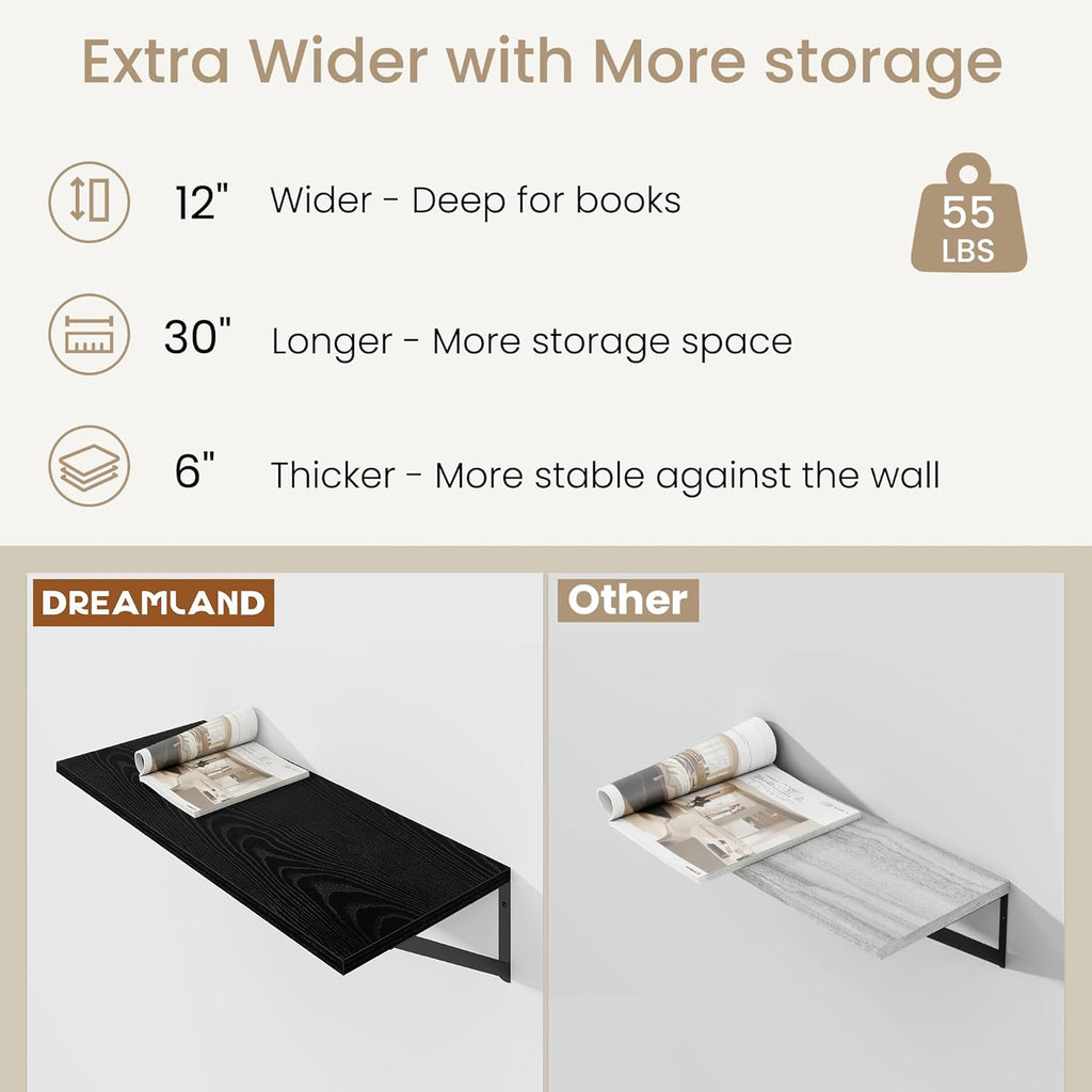 Dreamland Floating Shelves for Wall, 12 Inch Deep Floating Shelves Set of 2, 30W x 12D Large Wall Shelf with Sturdy Metal Brackets for Living Room, Bathroom, Bedroom and Kitchen, Black