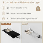 Dreamland Floating Shelves for Wall, 12 Inch Deep Floating Shelves Set of 2, 30W x 12D Large Wall Shelf with Sturdy Metal Brackets for Living Room, Bathroom, Bedroom and Kitchen, Black