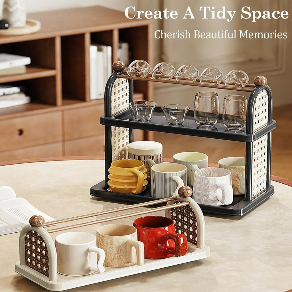 2-Tier Rattan Organizer Vintage Coffee Mug Cup Holder for Countertop Kitchen Bedroom and Living Room, Saucer Bottle Storage Kitchen Accessories (Black)