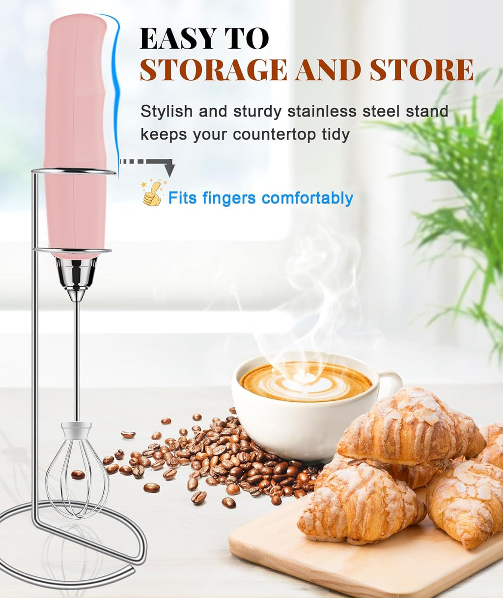 YUSWKO Milk Frother Handheld for Coffee with Stand, Rechargeable Drink Mixer with 3 Heads 3 Speeds Electric Coffee Frother Whisk, Gift for Many Occasions and Festival