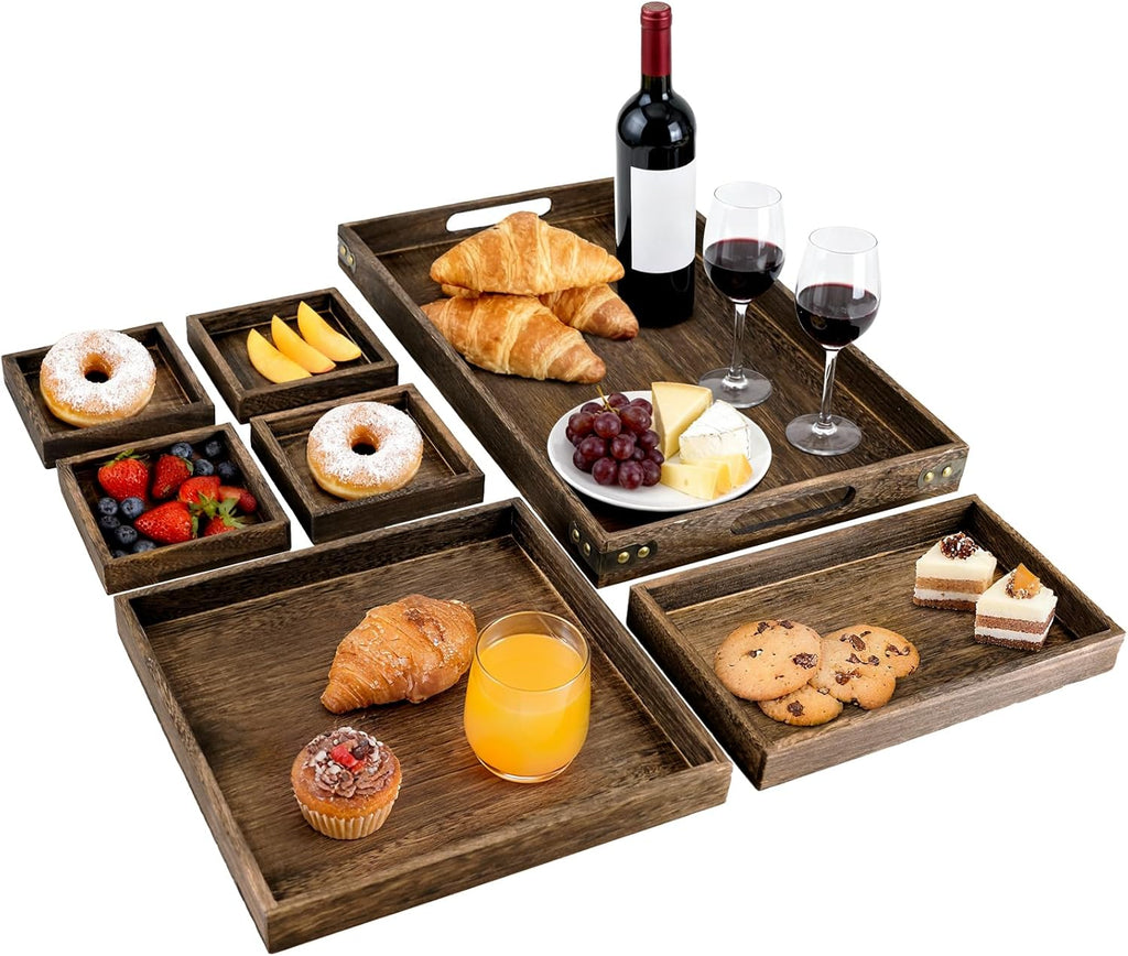 Rustic Wooden Serving Trays with Handle, Serving Platters, Charcuterie Board Set of 7 Nesting Food Trays for Serving Food, Home Decor, Breakfast, Coffee Table, Bed Tray, Picnic