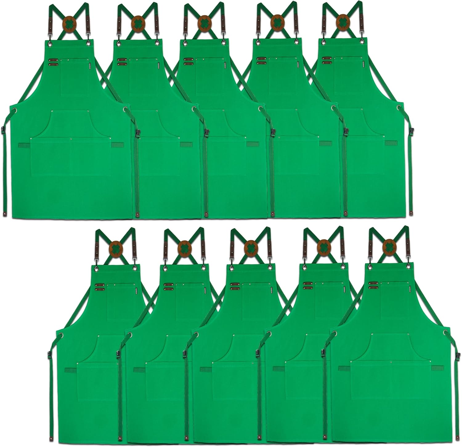 10 Pack Kitchen Aprons, Work Apron, Canvas, Multiple Pockets, Gardening, Painting, BBQ, Artist, Carpenter, Sizes M to XXL, Green