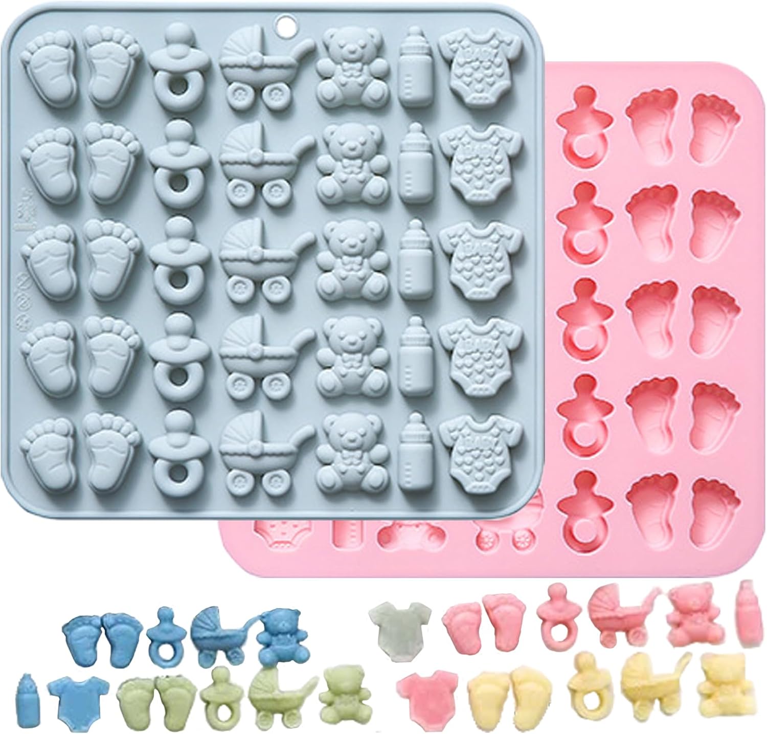 Baby Chocolate Mold Set Silicone Baking Molds with Footprint, Stroller, Reusable for Newborn Cakes, Diaper Party Treats Baby Favors - 2 Pack
