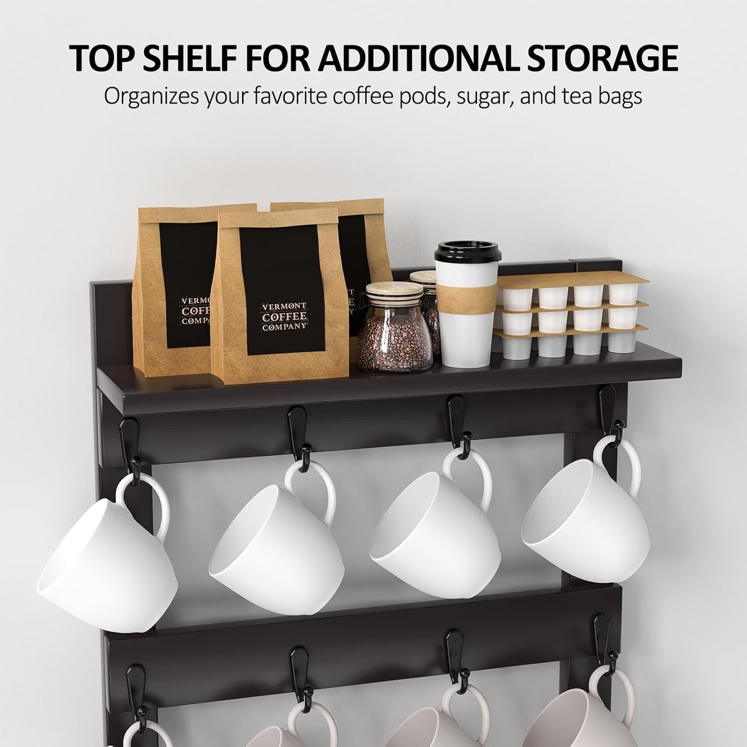 Mug Rack Wall Mounted, Coffee Cup Holder, Bamboo Mug Shelf with 12 Hooks for Home Kitchen Display and Collection