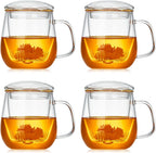 Glass Teacups 4 Pack Glass Tea Cup with Infuser and Lid, 17.6oz/520ml Large Borosilicate Teacup,Tea Clear Mug Cup for Loose Leaf Blooming Tea, Microwave & Dishwasher Safe