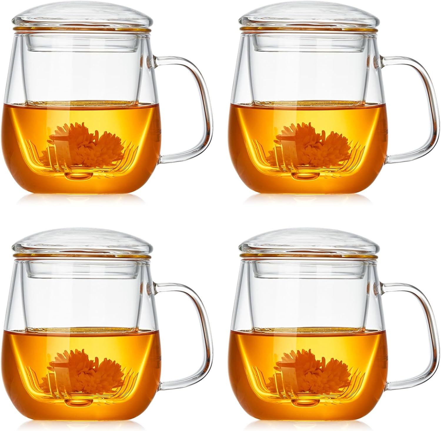 Glass Teacups 4 Pack Glass Tea Cup with Infuser and Lid, 17.6oz/520ml Large Borosilicate Teacup,Tea Clear Mug Cup for Loose Leaf Blooming Tea, Microwave & Dishwasher Safe
