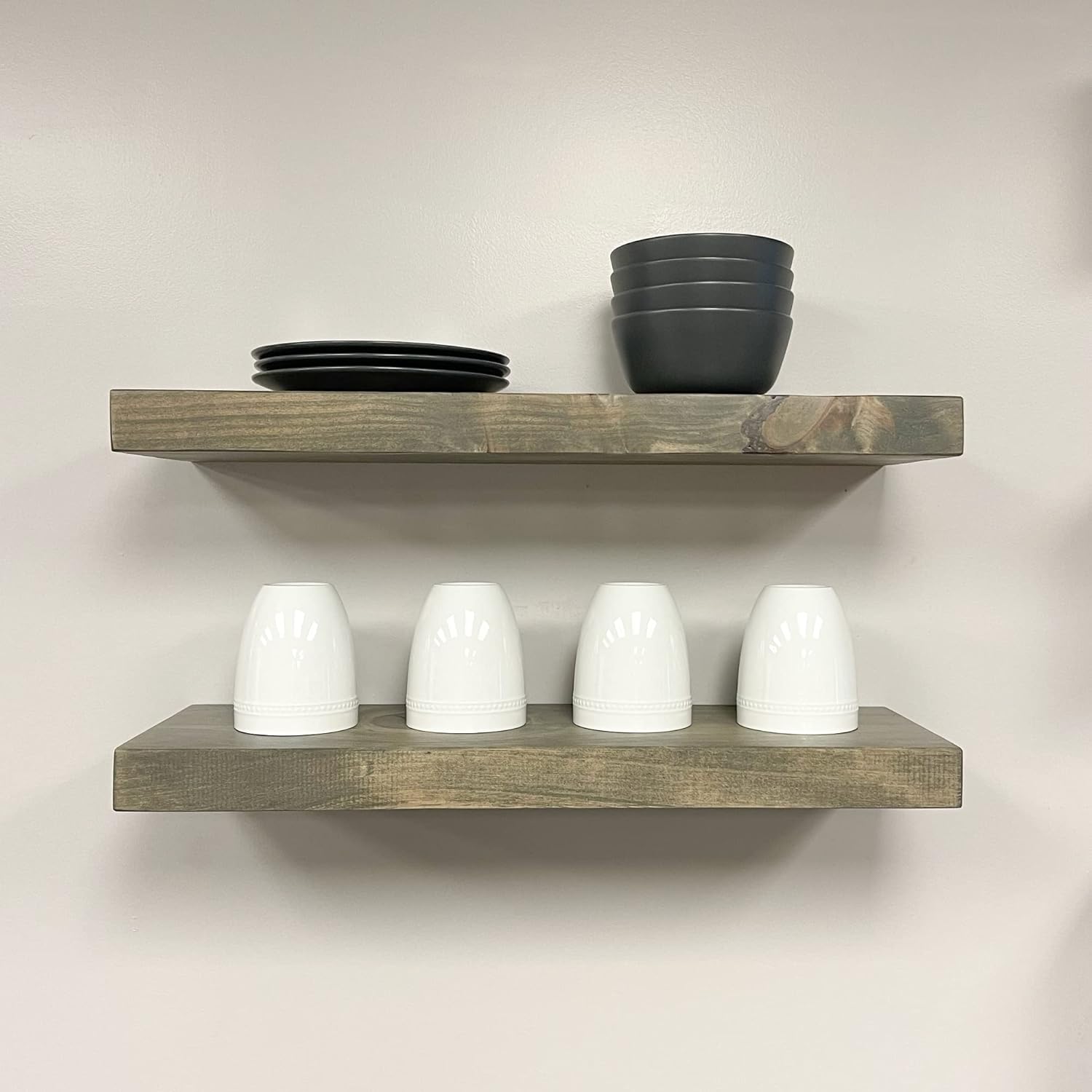 URBANDI, Rustic Floating Shelves, Set of 2, Hidden Bracket, Solid Wood, Heavy Duty, Wall Mounted Shelves, (Grey, 24Wx10D)