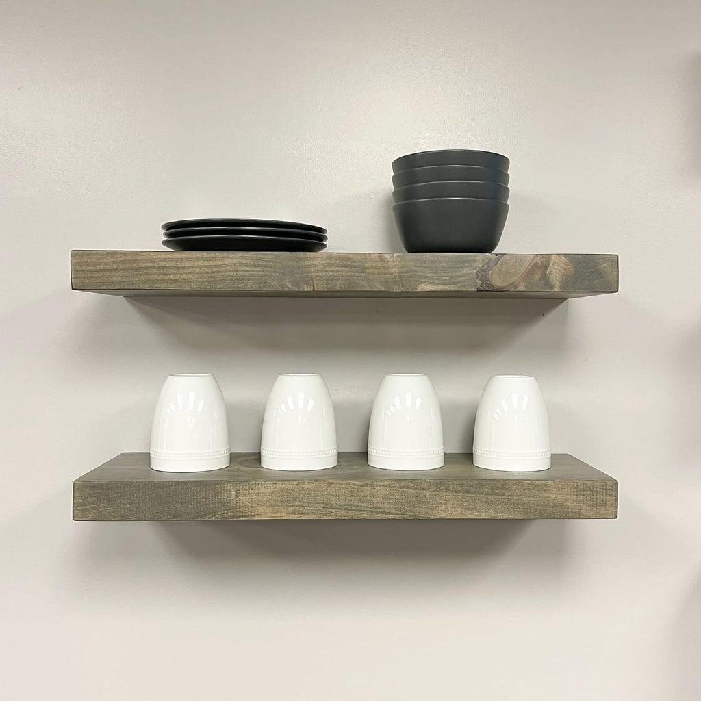 URBANDI, Rustic Floating Shelves, Set of 2, Hidden Bracket, Solid Wood, Heavy Duty, Wall Mounted Shelves, (Grey, 36Wx12D)