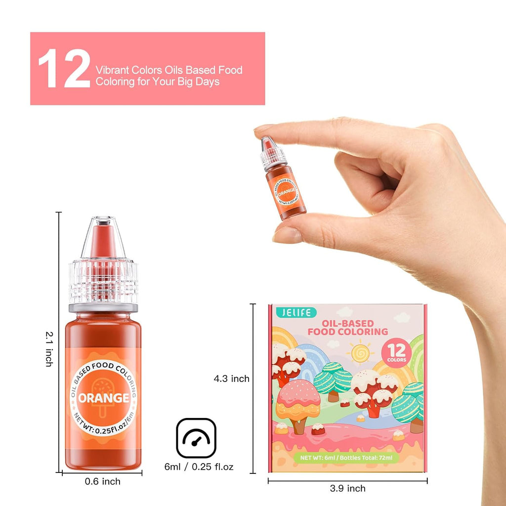 Oil Based Food Coloring for Chocolates - Jelife 12 Colors Oils Dye Set Flavorless Edible Food Color Vibrant Concentrated Neon Icing Colors for Candy Melts (6ml/Bottles)