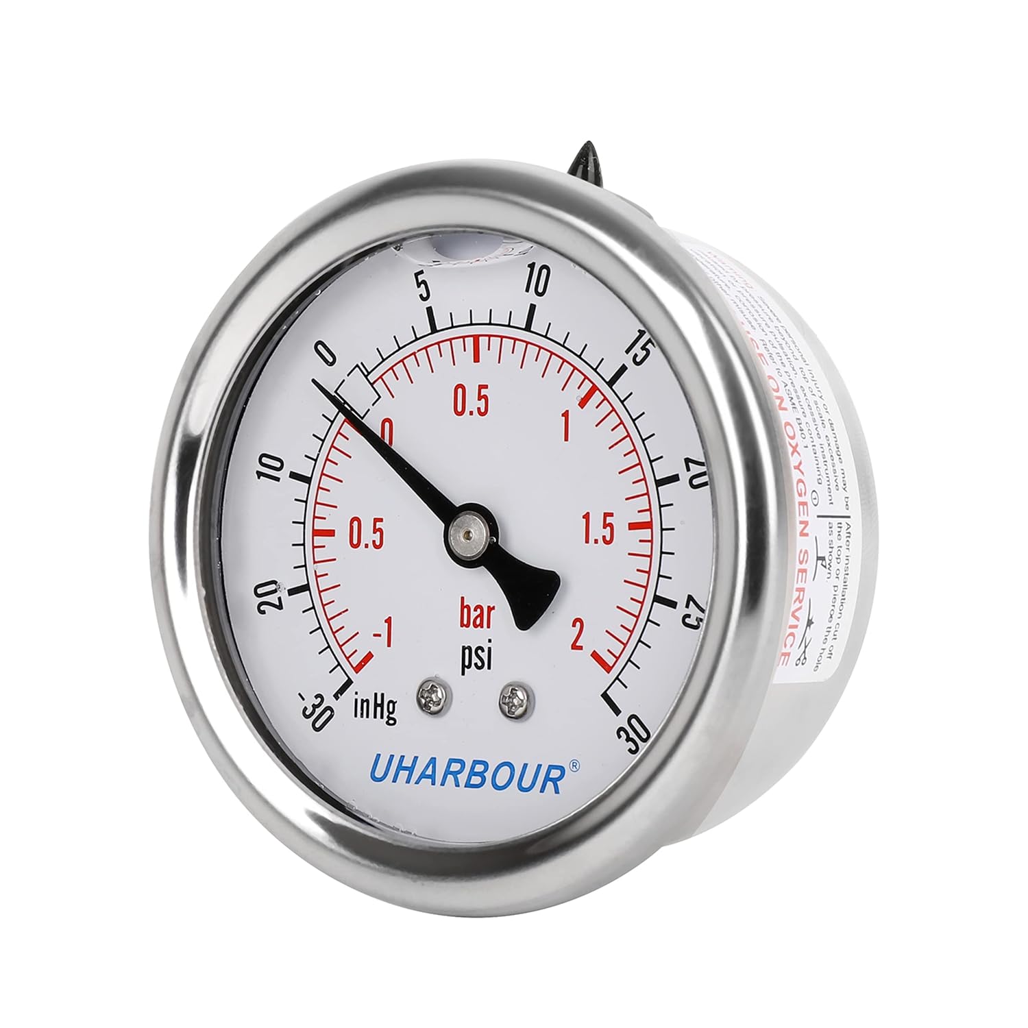 Glycerin Filled Vacuum Pressure Gauge -30HG/30PSI, 2-1/2" Clear dial Vacuum Gauge,1/4" NPT Back Connection, Stainless Steel Case, Brass Movement, Dual Scales