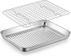 TeamFar 10.5'' Stainless Steel Compact Baking Pan Toaster Oven Tray with Cooling Rack, Corrugated Bottom & Grid Mesh Rack, Non-Toxic & Heavy-Duty