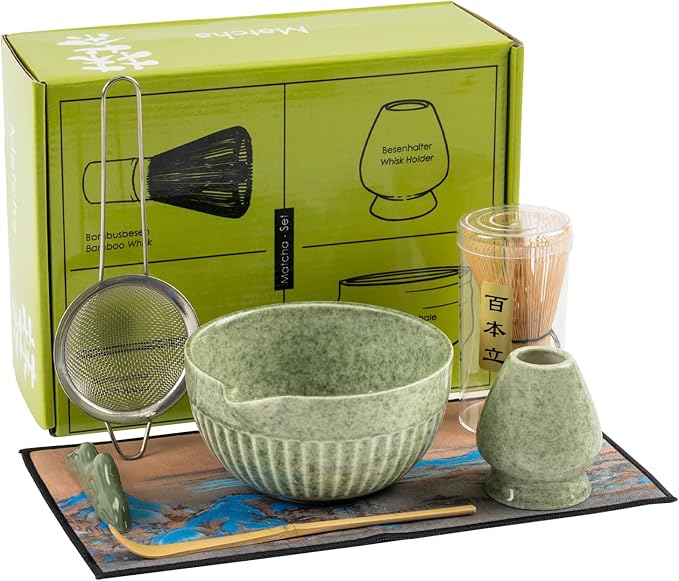 Matcha Whisk Set,7-Piece Japanese Matcha Tea Set with Ceramic Bowl, Whisk Holder, Bamboo Scoop, Sifter-Cloth Mat – Traditional Green Tea Kit for Gifts, Daily Use
