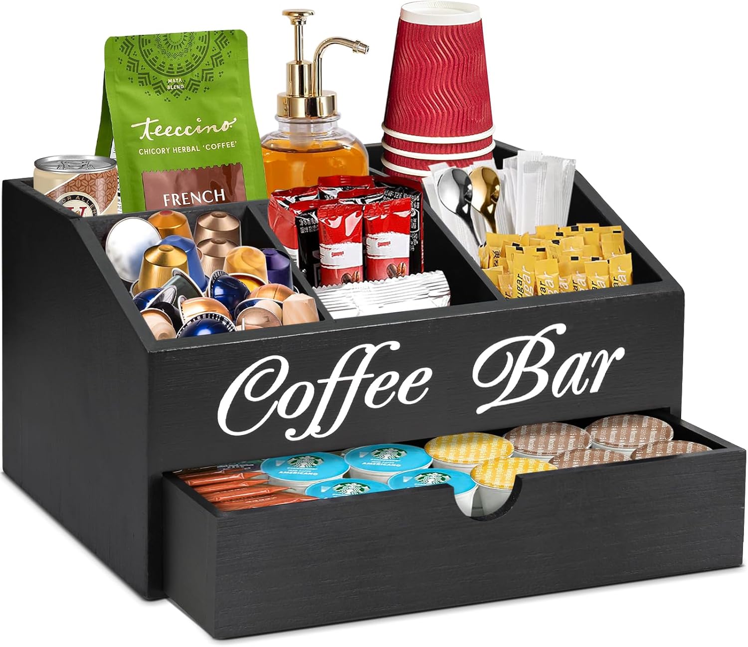 Farmhouse Wooden Coffee Bar Organizer - Countertop Station With Drawer, Pods Holder & Storage Basket