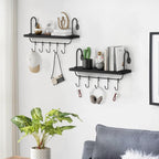 Olakee Floating Wall Shelves for Kitchen Bathroom Coffee Nook with 10 Adjustable Hooks for Mugs Cooking Utensils or Towel Rustic Storage Shelves Set of 2/17x5.9 inch (Black)