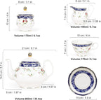 fanquare Bone China Tea Sets for Adults, 21-Piece Blue Lace and Roses Porcelain Tea Service with Sugar Bowl & Creamer, English Cremic Floral Teacups Set of 6 for Women Tea Party