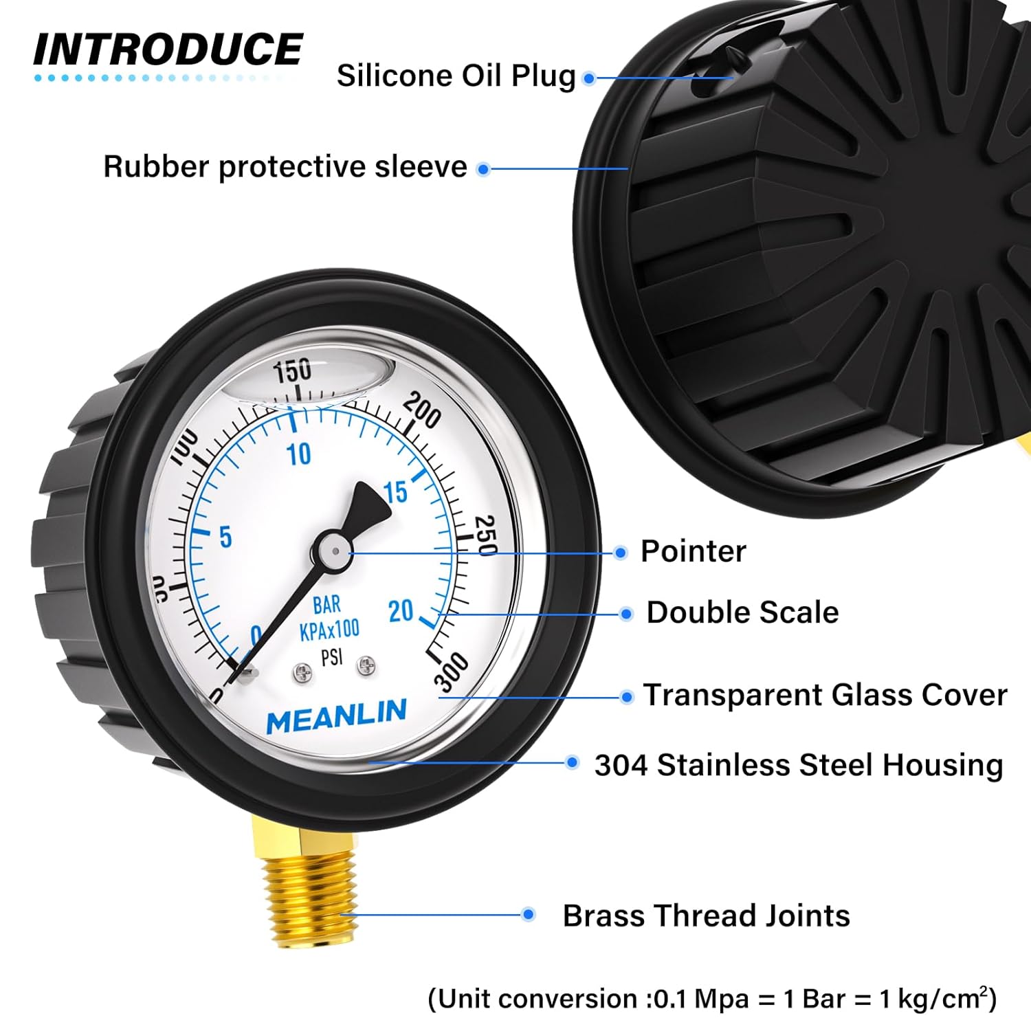 MEANLIN MEASURE 0~300Psi Stainless Steel Liquid Filled Pressure Gauge 1/4" NPT 2.5" FACE DIAL with Rubber Protective Sleeve, Lower Mount