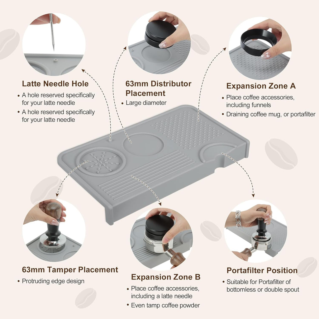 VOCOSTE Espresso Tamping Mat, Non-Slip, Prevents Portafilters from Damaging the Counter, Silicone 10.43"x5.51" Coffee Tamper Mat for Barista Espresso Machine Accessories, Grey