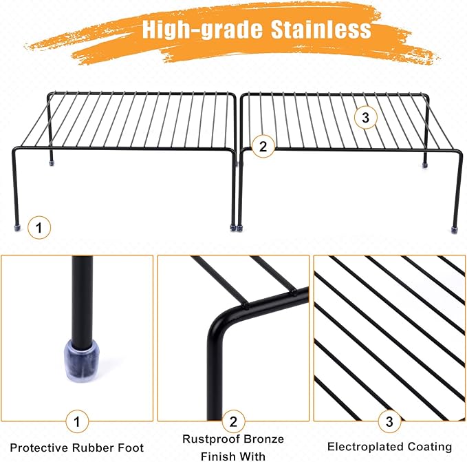 SIBAO Kitchen Cabinet Storage Shelf Rack/Plastic Feet - (13.1 x 10.2 Inch) - Steel Metal - Rust Resistant Finish - Cups, Dishes, Cabinet & Pantry Organization (2, Black)