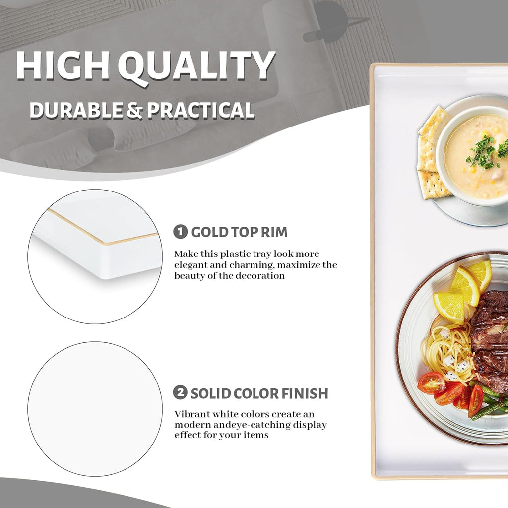 MAONAME White Decorative Tray for Coffee Table, Modern Serving Tray with Handles, Plastic Rectangular Tea Tray for Ottoman, Bathroom Decor, 15.8” X 10.2” x1.4