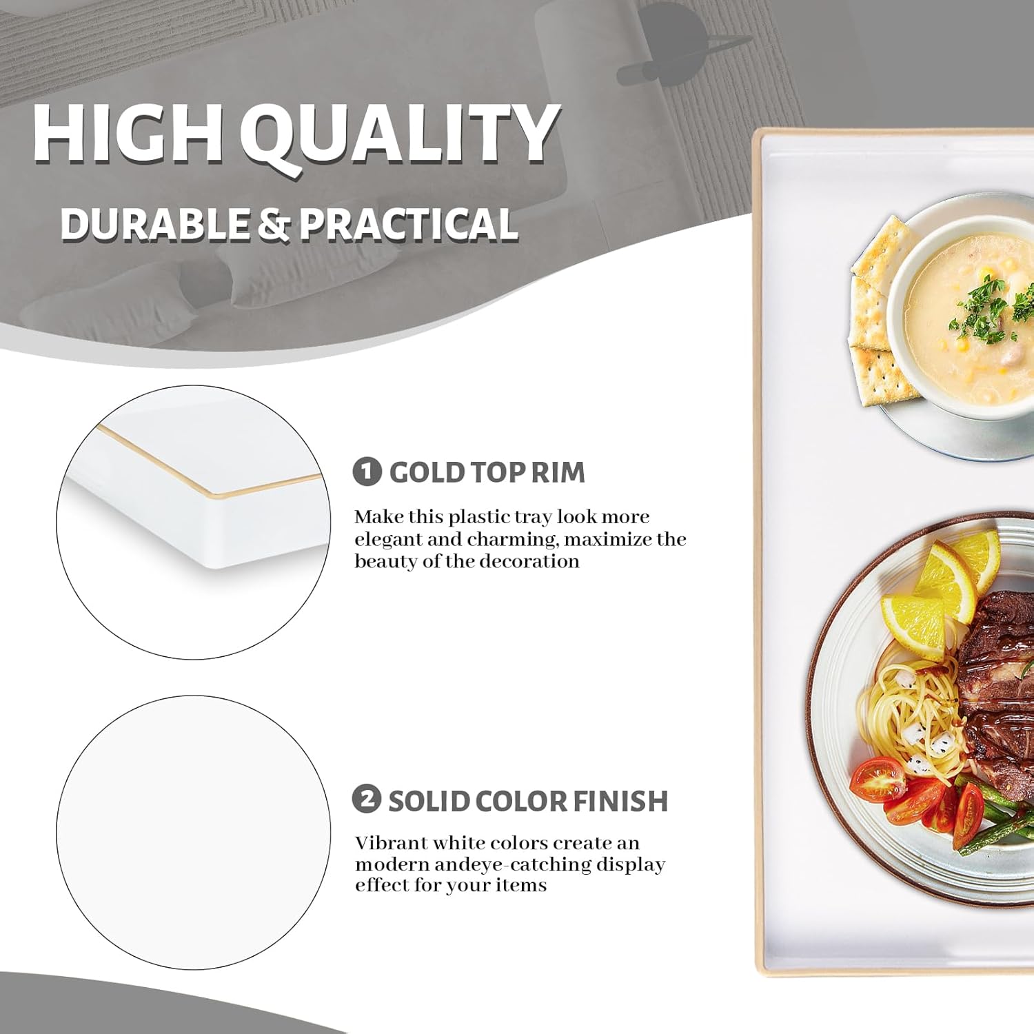 MAONAME White Decorative Tray for Coffee Table, Modern Serving Tray with Handles, Plastic Rectangular Tea Tray for Ottoman, Bathroom Decor, 15.8” X 10.2” x1.4