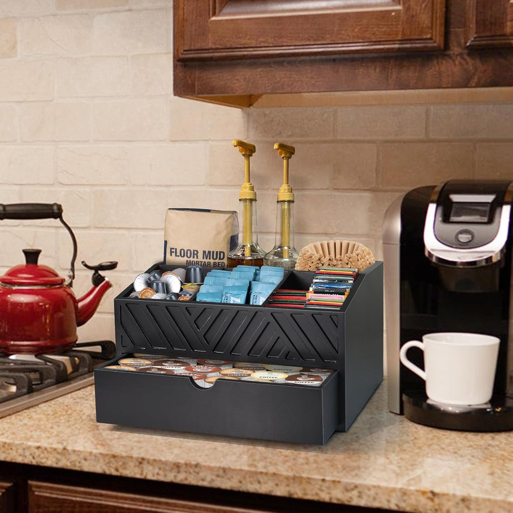 Farmhouse Coffee Bar Organizer - Wooden Countertop Station With Drawer, Pods Holder & Storage Basket