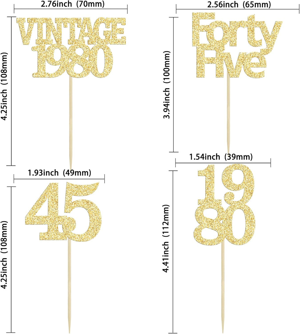 Gyufise 24Pcs 45th Birthday Cupcake Toppers Glitter Cheers to 45 Fabulous Forty Five Vintage 1980 Cupcake Picks 45th Birthday Wedding Anniversary Party Cake Decorations Supplies Gold