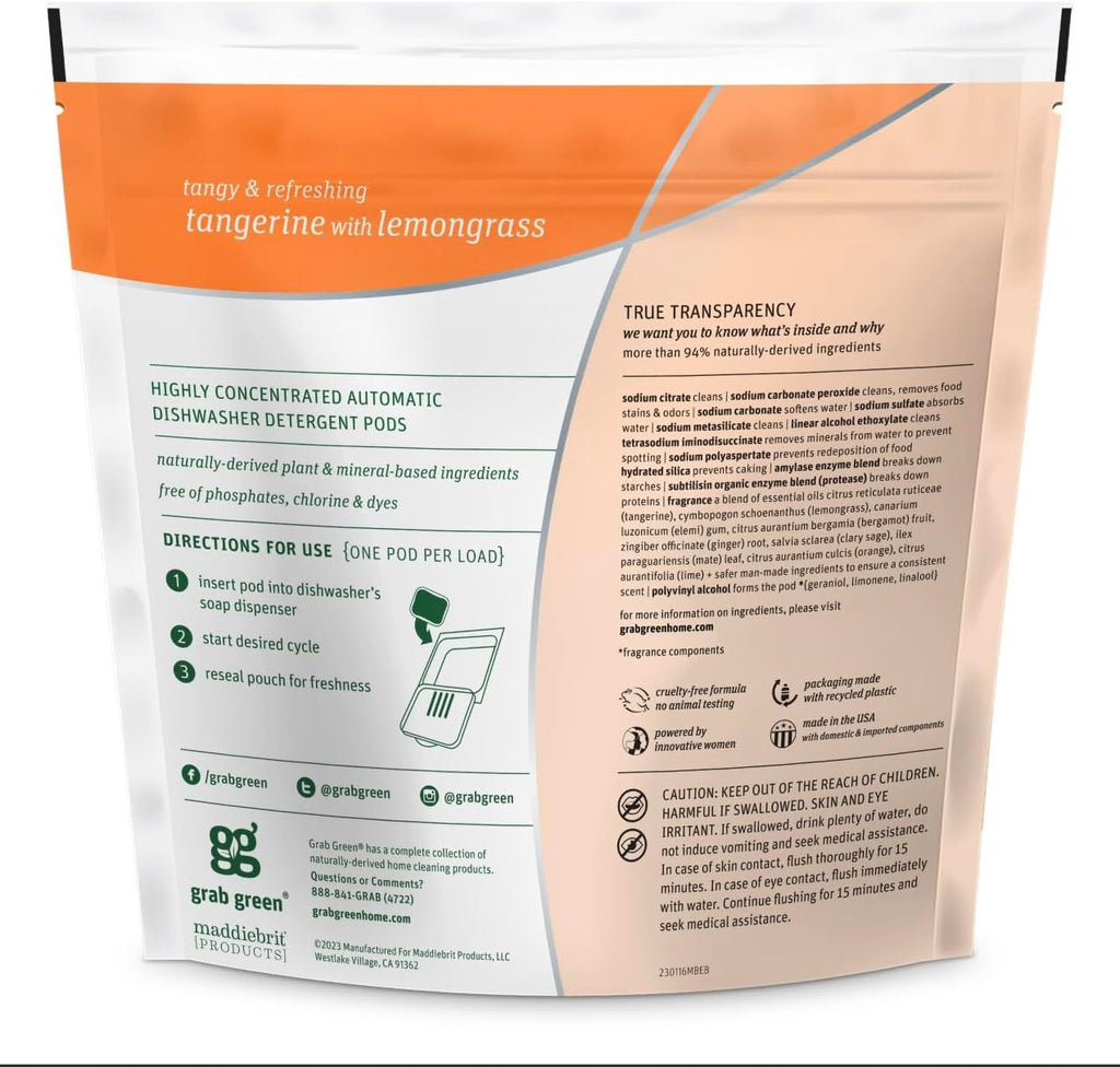 Grab Green Automatic Dishwashing Detergent Pods, 12 Count, Tangerine Lemongrass Scent, Plant and Mineral Based, Superior Cleaning, Powerful Grease Removal, Brilliant Shine