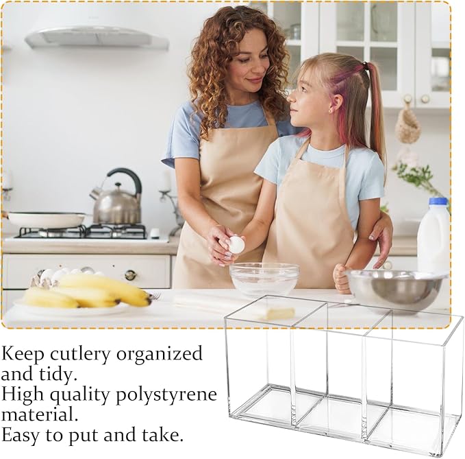 Acrylic Cutlery Organizer, 3-Sectio Clear Plastic Utensil Storage Caddy for Kitchen Countertop, Holds Forks, Knives & Spoons (1 Pcs, 7.1 x 2.6 x 3.5 in)