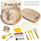 Banneton Bread Proofing Basket Sourdough Bread Baking Supplies, Sourdough Starter Kit with 9" Round & 10" Oval Banneton Baskets, Bread Lame, Sling, Spatula, Scraper, Dough Whisk