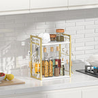 Dorhors 2 Tier Coffee Bar Accessories and Organizer,Multi-functional Mug Holder with 12 Hooks,Wood Coffee Station Organizer,Kitchen Countertop Shelf (Gold + White)