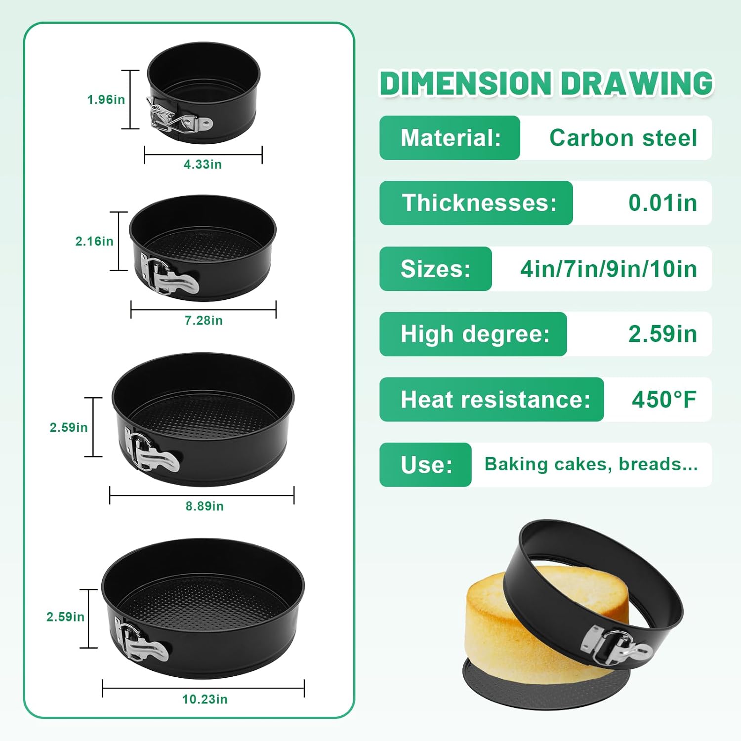 Springform Cake Pan Set,Non-Stick Springform Pans Set of 4 (4, 7, 9,10inches),Leak-Proof Round Cake Pans with Removable Bottom for Baking Cake Pie Pizza and Quiches (Black4)